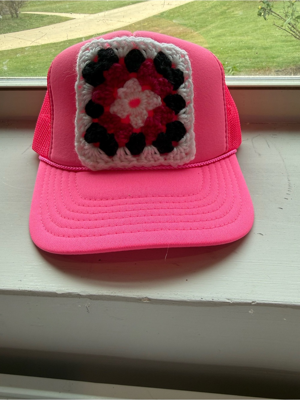 Pink Trucker Hat with Granny square Patch